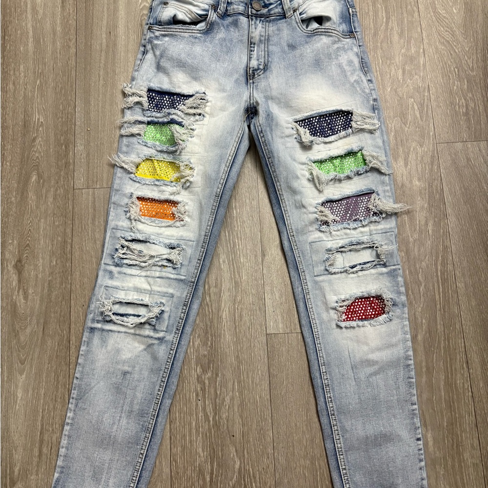 Men's Distressed Light Blue Jeans with Colorful Patches
